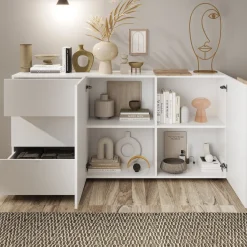 Credenza Bianco Lucido 2 Ripiani 3 Cassetti 181x44x84h cm, 4 Vani - Busi