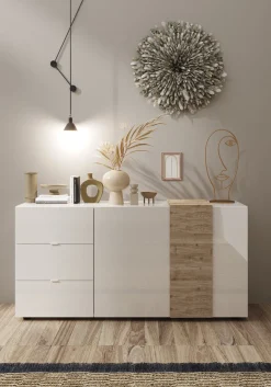 Credenza Bianco Lucido 2 Ripiani 3 Cassetti 181x44x84h cm, 4 Vani - Busi