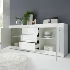 Credenza Bianco Lucido 2 Ripiani 3 Cassetti 210x42x85.8h cm, 4 Vani - Pasubio