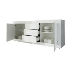 Credenza Bianco Lucido 2 Ripiani 3 Cassetti 210x42x85.8h cm, 4 Vani - Pasubio