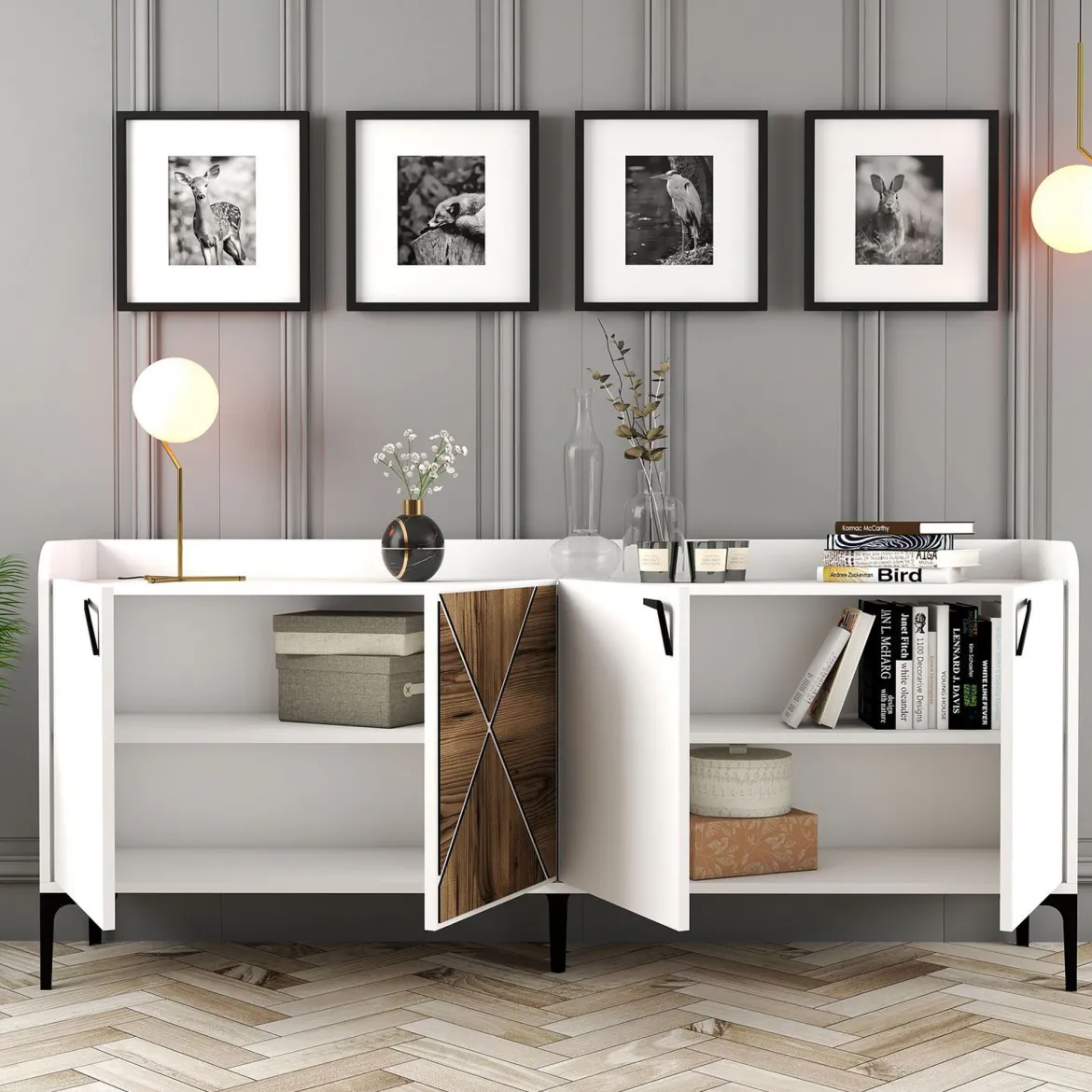 Credenza Bianco Marrone Noce 2 Ripiani 4 Ante 180x35x78h cm, 1 Anta Effetto Legno - Elini
