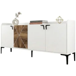 Credenza Bianco Marrone Noce 2 Ripiani 4 Ante 180x35x78h cm, 1 Anta Effetto Legno - Elini