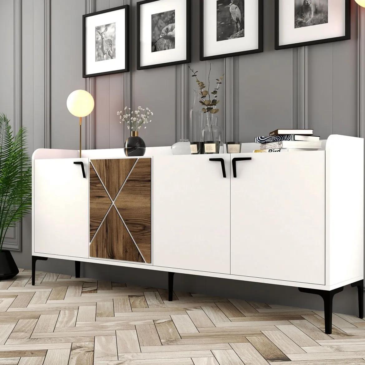 Credenza Bianco Marrone Noce 2 Ripiani 4 Ante 180x35x78h cm, 1 Anta Effetto Legno - Elini