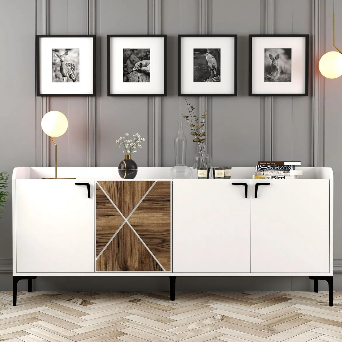 Credenza Bianco Marrone Noce 2 Ripiani 4 Ante 180x35x78h cm, 1 Anta Effetto Legno - Elini