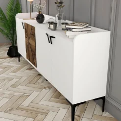 Credenza Bianco Marrone Noce 2 Ripiani 4 Ante 180x35x78h cm, 1 Anta Effetto Legno - Elini