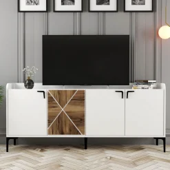 Credenza Bianco Marrone Noce 2 Ripiani 4 Ante 180x35x78h cm, 1 Anta Effetto Legno - Elini