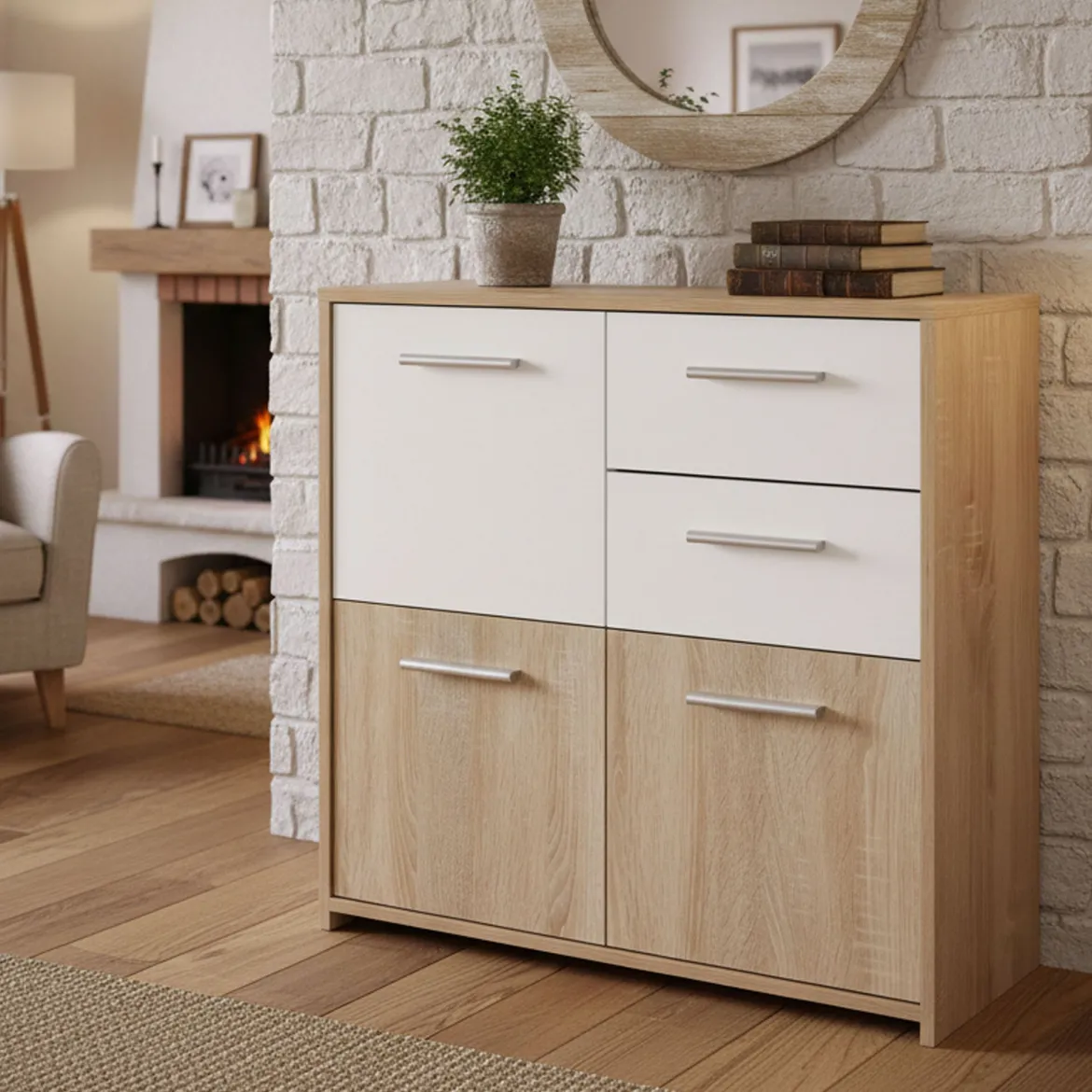 Credenza Bianco Marrone Quercia 2 Cassetti Apertura Battente 77x30x77h cm, 3 Ante - Piglio