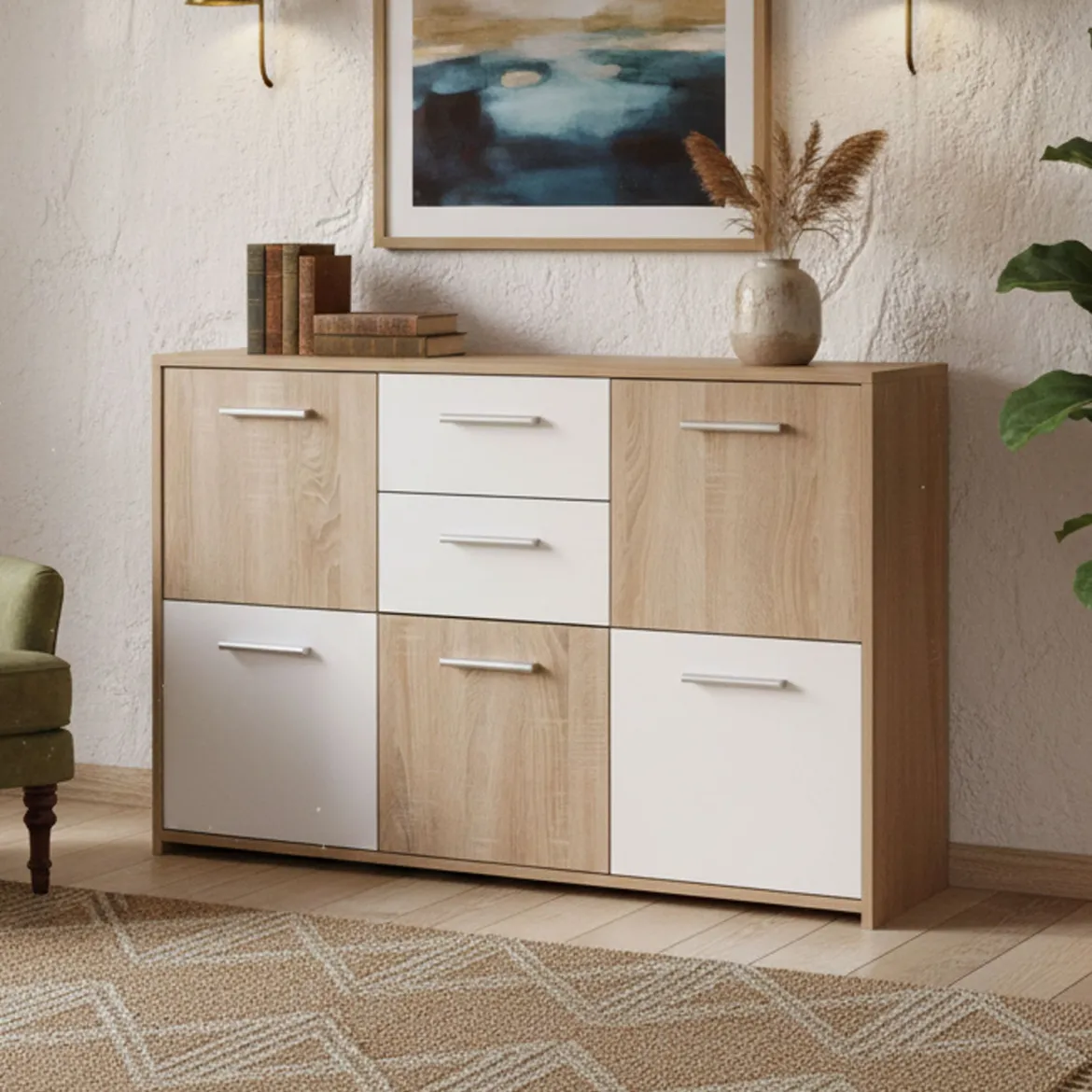 Credenza Bianco Marrone Quercia 2 Cassetti Apertura Battente, Scorrevole 115x30x77h cm, 5 Ante - Pianisi