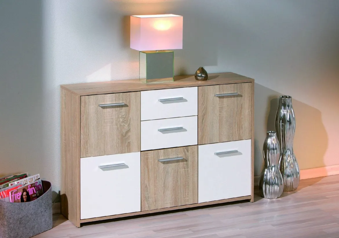 Credenza Bianco Marrone Quercia 2 Cassetti Apertura Battente, Scorrevole 115x30x77h cm, 5 Ante - Pianisi