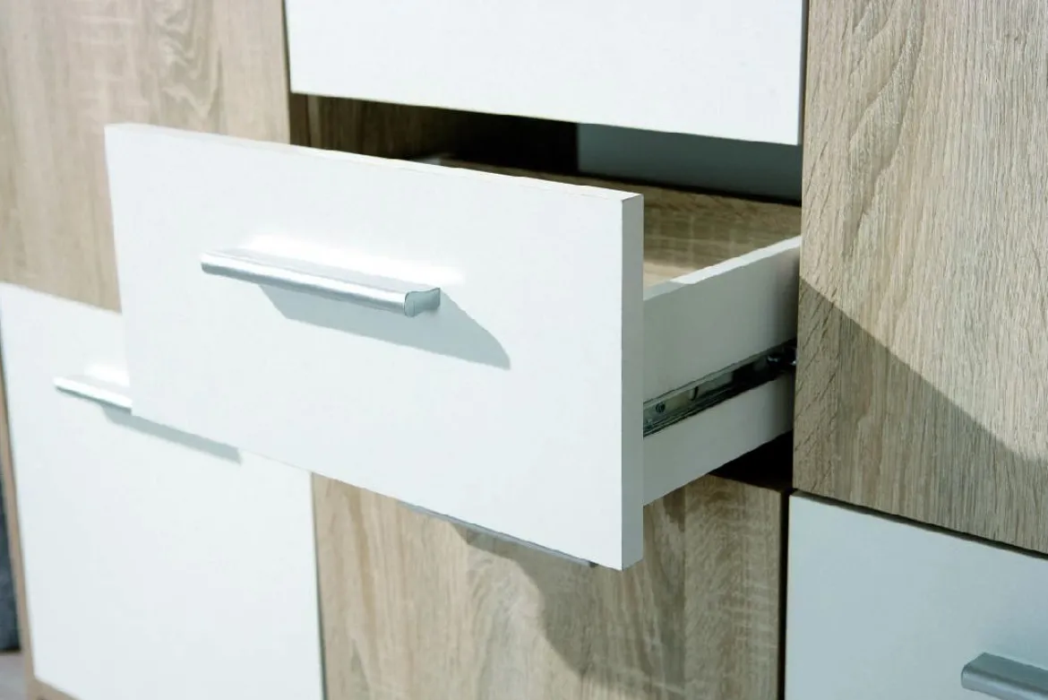 Credenza Bianco Marrone Quercia 2 Cassetti Apertura Battente, Scorrevole 115x30x77h cm, 5 Ante - Pianisi
