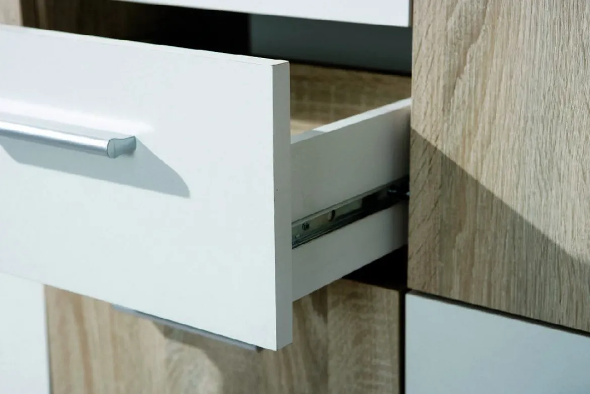 Credenza Bianco Marrone Quercia 2 Cassetti Apertura Battente, Scorrevole 115x30x77h cm, 5 Ante - Pianisi