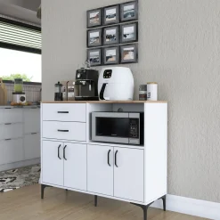 Credenza Bianco Marrone Rovere 2 Cassetti 2 Ripiani 138x50x95h cm, Apertura Scorrevole - Lupara