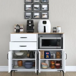 Credenza Bianco Marrone Rovere 2 Cassetti 2 Ripiani 138x50x95h cm, Apertura Scorrevole - Lupara