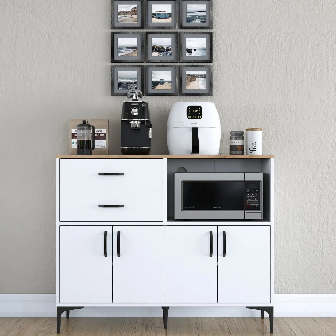 Credenza Bianco Marrone Rovere 2 Cassetti 2 Ripiani 120x40x99h cm, Apertura Battente, Scorrevole - Cavriana