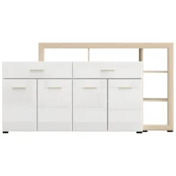 Credenza Bianco Marrone Rovere 2 Cassetti 5 Ripiani 189x42x100h cm, Apertura Battente, Scorrevole - Dovad