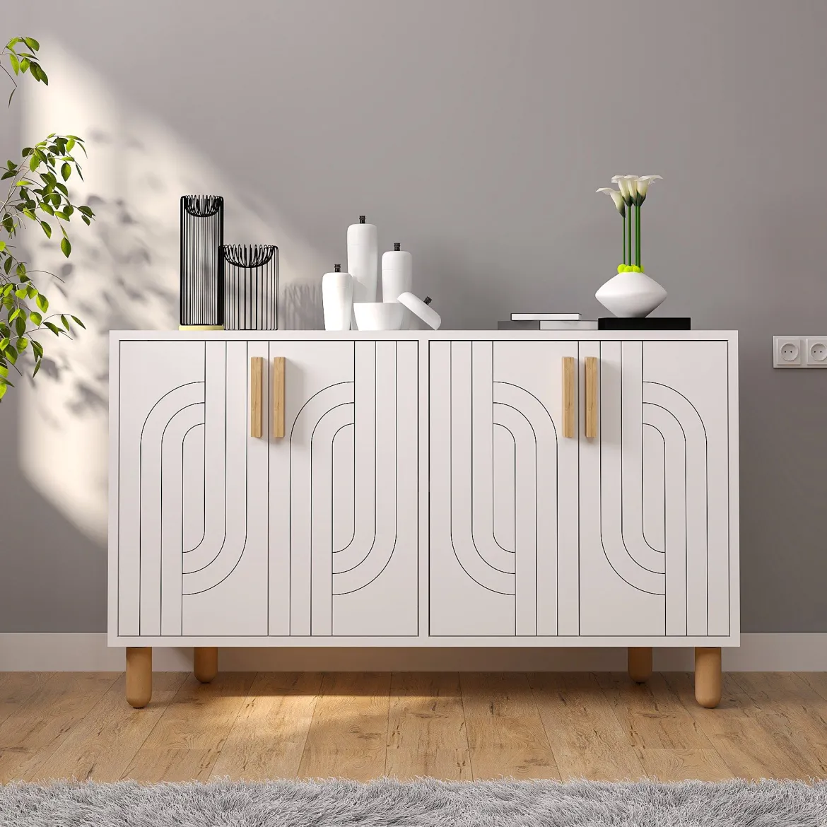 Credenza Bianco Marrone Rovere 2 Ripiani 4 Ante 120x30x74h cm, 4 Vani - Venerina