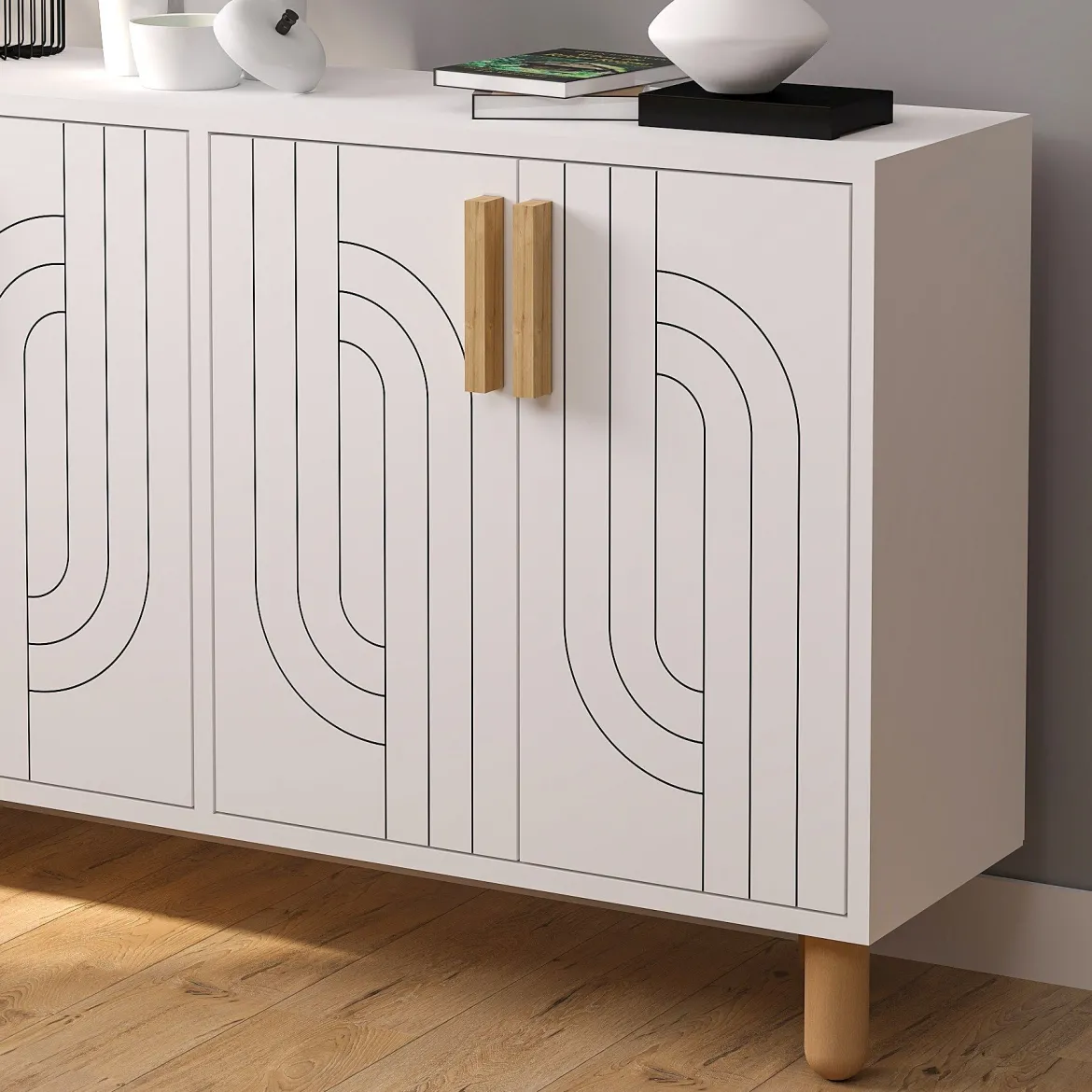 Credenza Bianco Marrone Rovere 2 Ripiani 4 Ante 120x30x74h cm, 4 Vani - Venerina