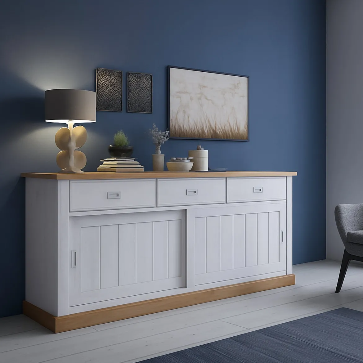 Credenza Bianco Marrone Rovere 3 Cassetti un Ripiano 40x150x78h cm, Apertura Battente, Scorrevole - Cadillac