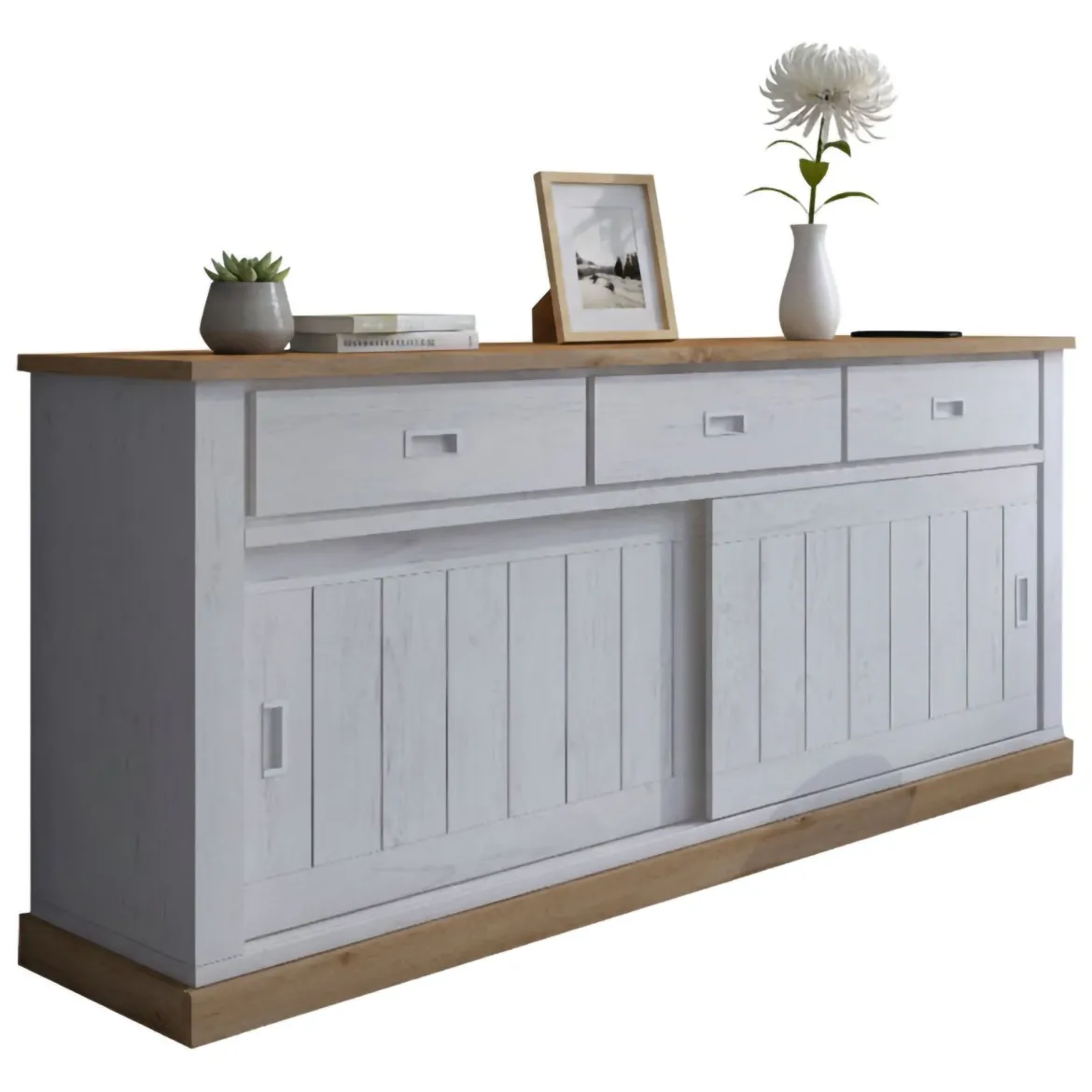 Credenza Bianco Marrone Rovere 3 Cassetti un Ripiano 40x150x78h cm, Apertura Battente, Scorrevole - Cadillac