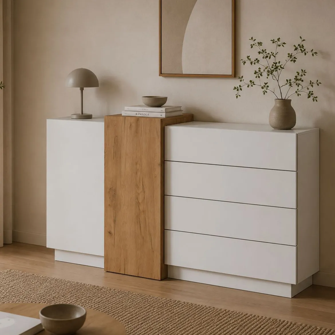 Credenza Bianco Marrone Rovere 4 Cassetti 3 Ripiani 154x41x88h cm, Apertura Battente, Scorrevole - Barone