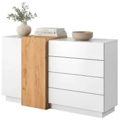 Credenza Bianco Marrone Rovere 4 Cassetti 3 Ripiani 154x41x88h cm, Apertura Battente, Scorrevole - Barone