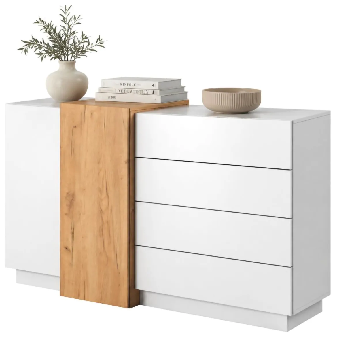 Credenza Bianco Marrone Rovere 4 Cassetti 3 Ripiani 154x41x88h cm, Apertura Battente, Scorrevole - Barone