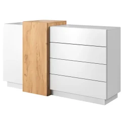 Credenza Bianco Marrone Rovere 4 Cassetti 3 Ripiani 154x41x88h cm, Apertura Battente, Scorrevole - Barone