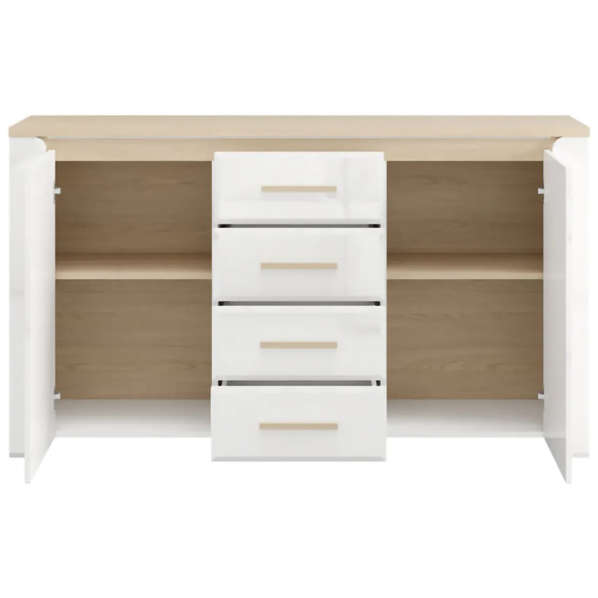 Credenza Bianco Marrone Rovere 4 Cassetti 3 Ripiani 154x41x88h cm, Apertura Battente, Scorrevole - Barone