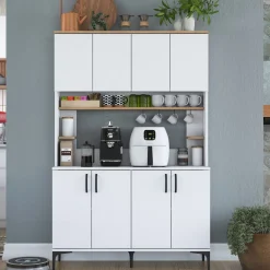 Credenza Bianco Marrone Rovere 4 Ripiani 8 Vani 180x40x79h cm, 4 Ante - Rottaro