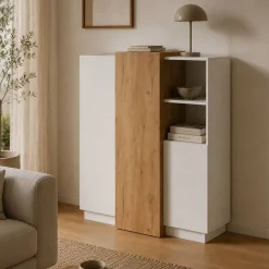 Credenza Bianco Marrone Rovere Nodi un Cassetto 2 Ripiani 119x33x80.5h cm, Apertura Battente e Scorrevole - Sanza