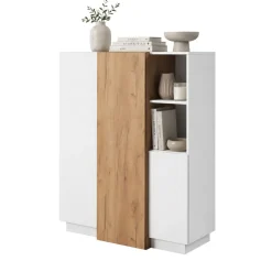Credenza Bianco Marrone Rovere Nodi un Cassetto 2 Ripiani 119x33x80.5h cm, Apertura Battente e Scorrevole - Sanza