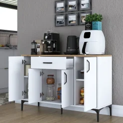 Credenza Bianco Marrone Rovere un Cassetto 2 Ripiani 79x35x97.5h cm, Apertura Battente e Scorrevole - Verduno