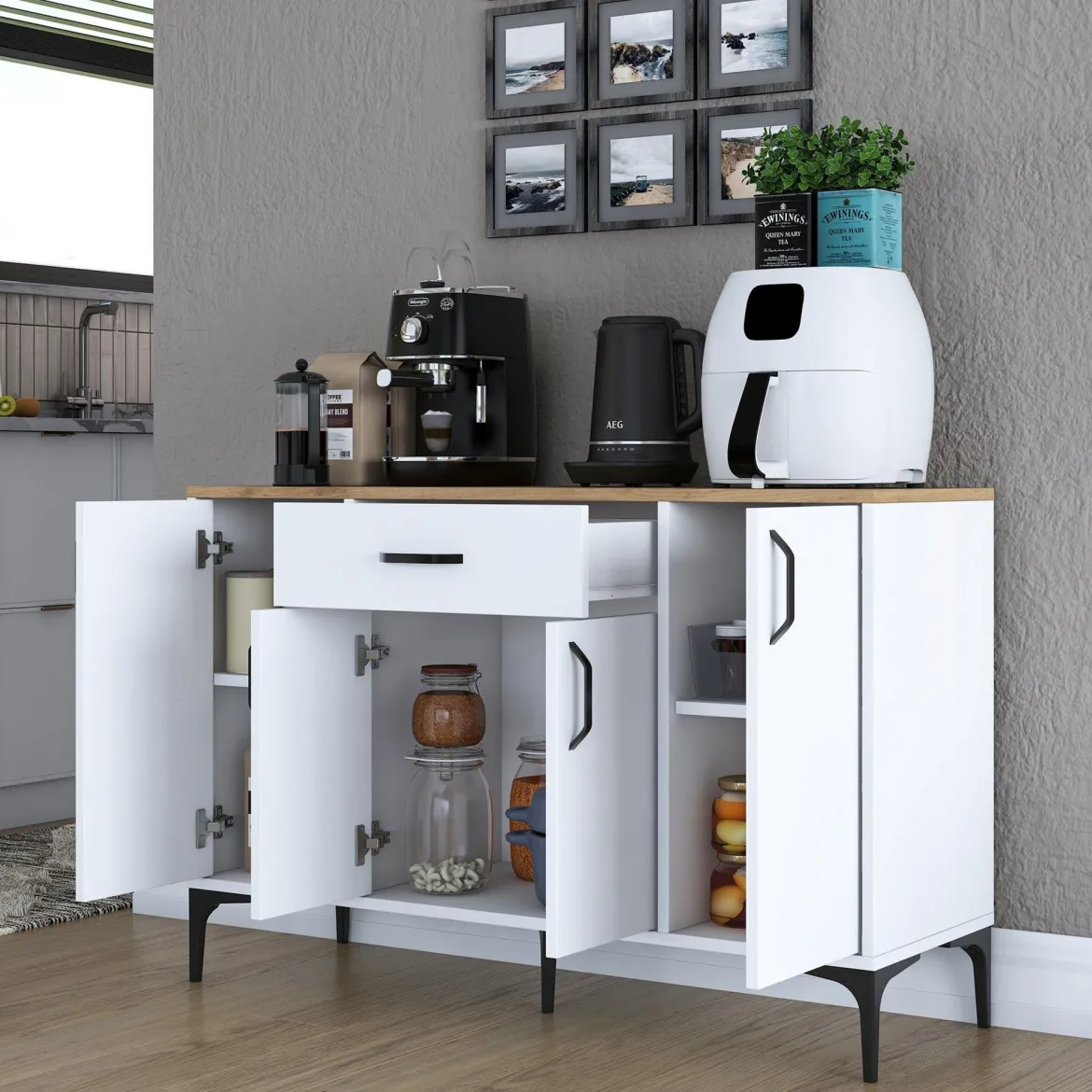 Credenza Bianco Marrone Rovere un Cassetto 2 Ripiani 79x35x97.5h cm, Apertura Battente e Scorrevole - Verduno