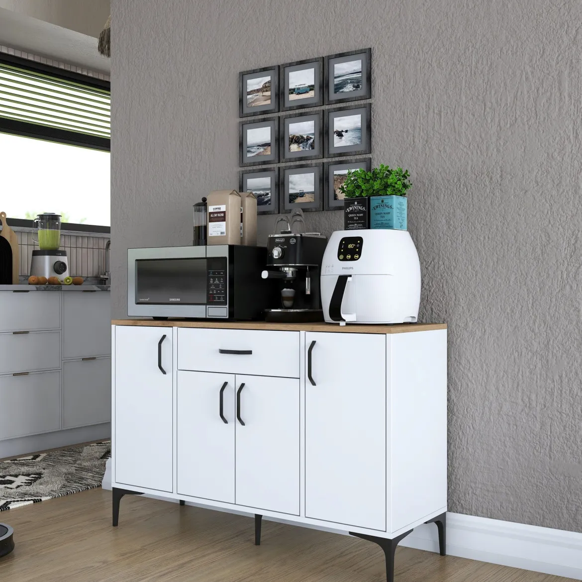 Credenza Bianco Marrone Rovere un Cassetto 2 Ripiani 79x35x97.5h cm, Apertura Battente e Scorrevole - Verduno