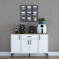Credenza Bianco Marrone Rovere un Cassetto 2 Ripiani 79x35x97.5h cm, Apertura Battente e Scorrevole - Verduno