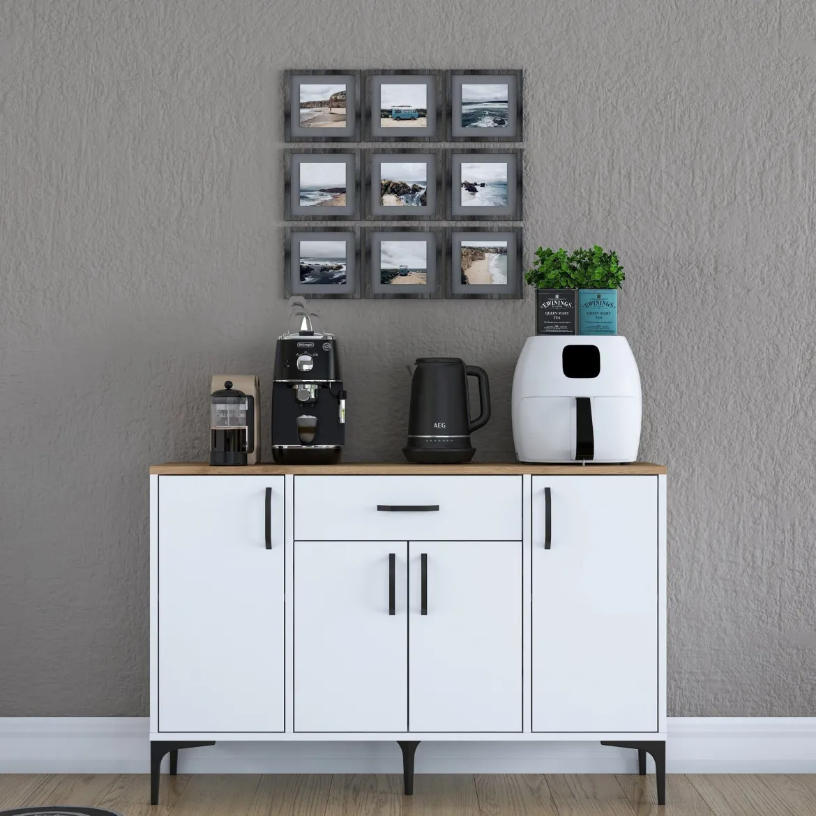 Credenza Bianco Marrone Rovere un Cassetto 2 Ripiani 79x35x97.5h cm, Apertura Battente e Scorrevole - Verduno