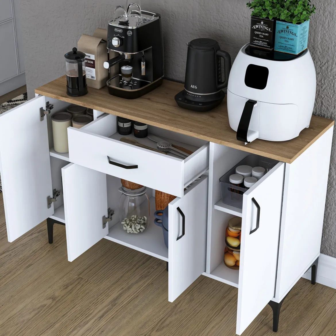 Credenza Bianco Marrone Rovere un Cassetto 2 Ripiani 79x35x97.5h cm, Apertura Battente e Scorrevole - Verduno
