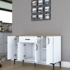 Credenza Bianco Marrone Rovere un Cassetto 2 Ripiani 79x35x97.5h cm, Apertura Battente e Scorrevole - Verduno