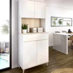 Credenza Bianco Marrone Rovere un Cassetto 5 Ripiani 179.5x40x94h cm, Apertura Battente e Scorrevole - Levate