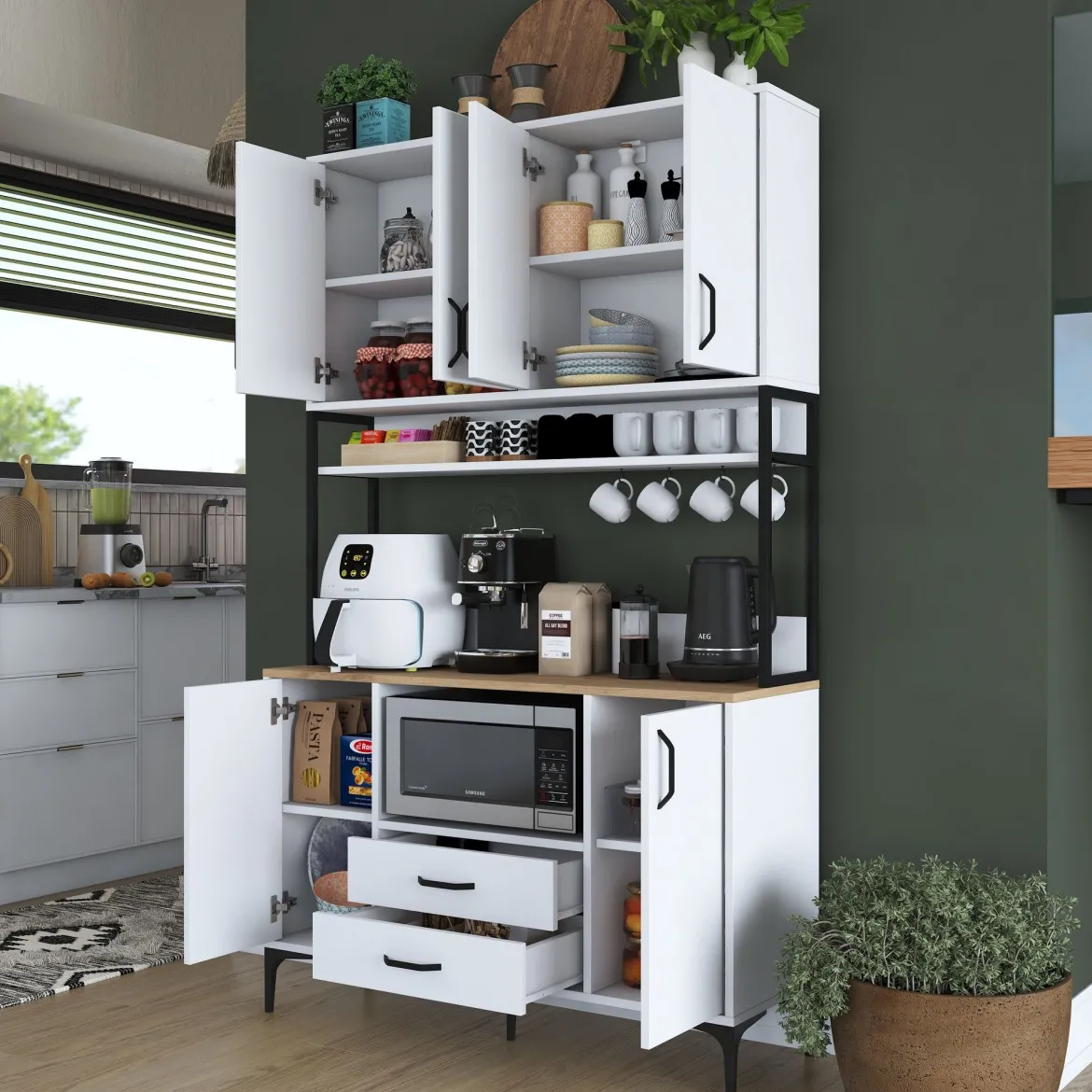 Credenza Bianco Nero 2 Cassetti 5 Ripiani 120x38x199h cm, Apertura Battente, Scorrevole - Mairago