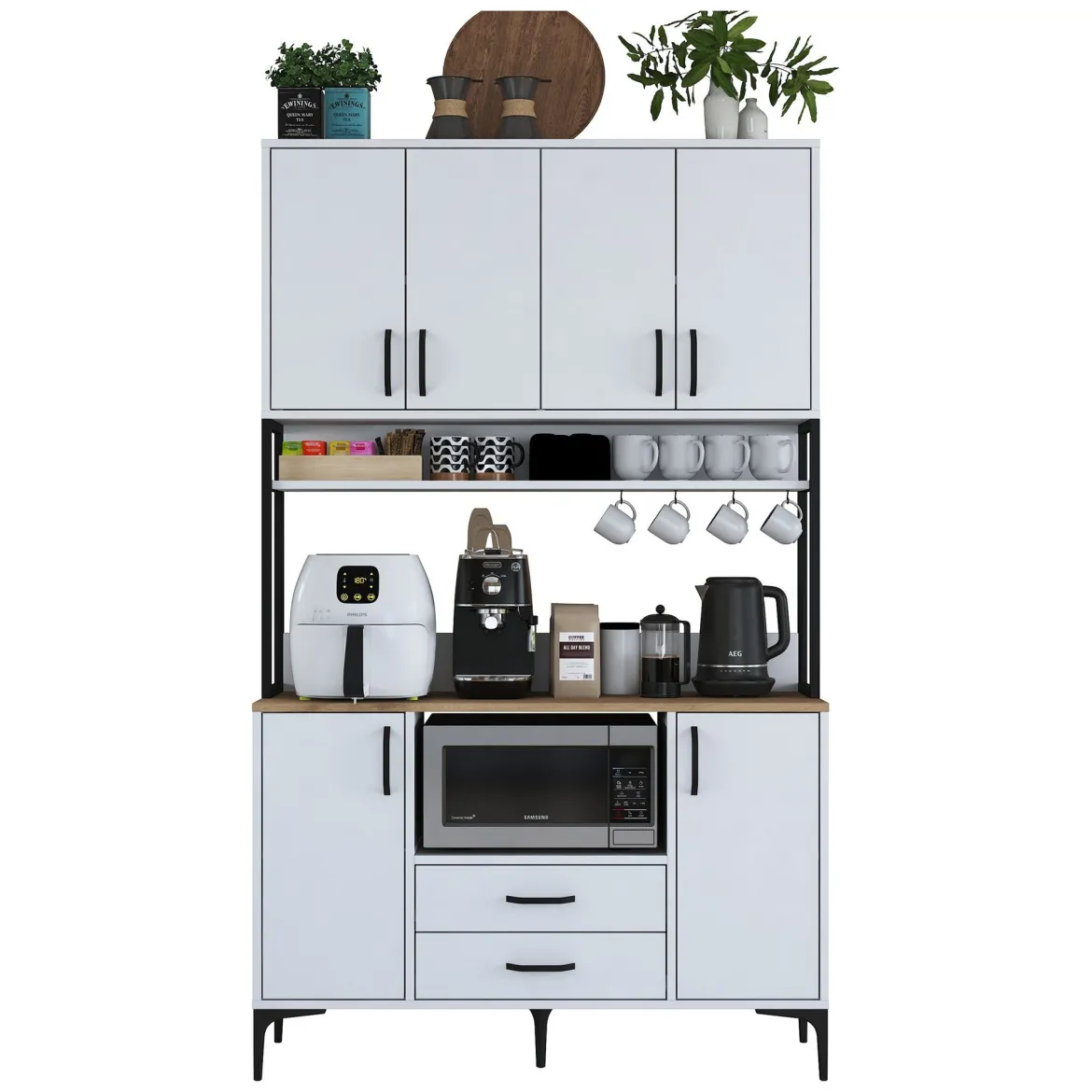 Credenza Bianco Nero 2 Cassetti 5 Ripiani 120x38x199h cm, Apertura Battente, Scorrevole - Mairago