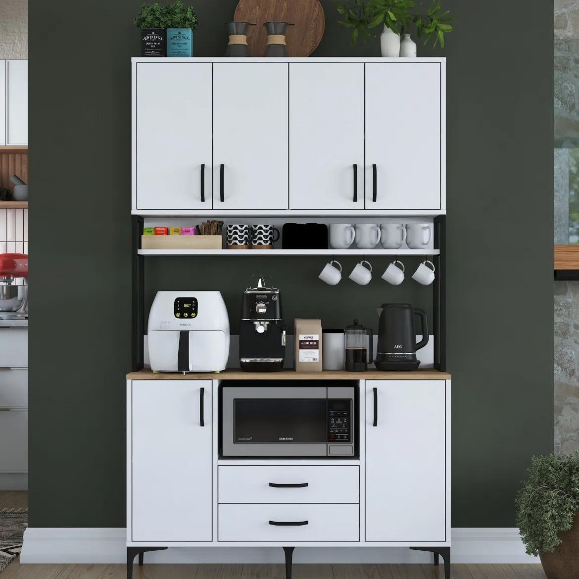 Credenza Bianco Nero 2 Cassetti 5 Ripiani 120x38x199h cm, Apertura Battente, Scorrevole - Mairago