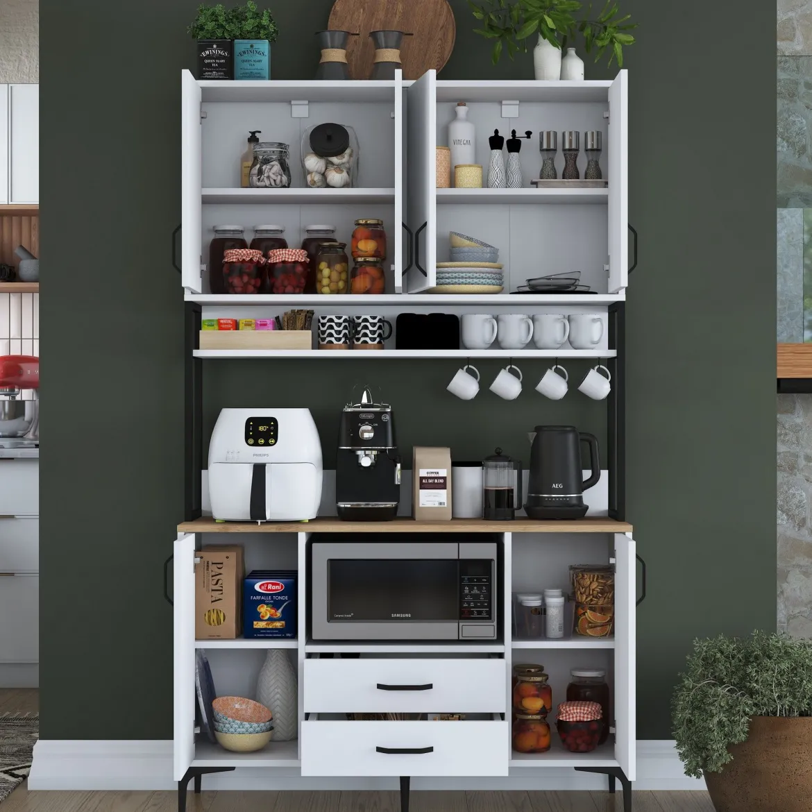 Credenza Bianco Nero 2 Cassetti 5 Ripiani 120x38x199h cm, Apertura Battente, Scorrevole - Mairago