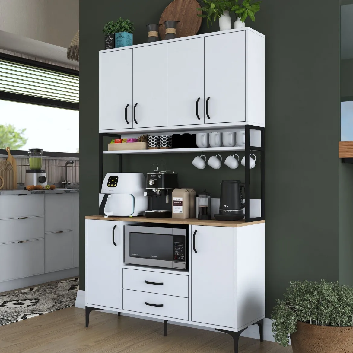 Credenza Bianco Nero 2 Cassetti 5 Ripiani 120x38x199h cm, Apertura Battente, Scorrevole - Mairago