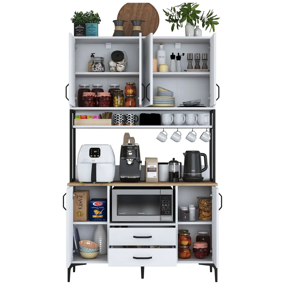 Credenza Bianco Nero 2 Cassetti 5 Ripiani 120x38x199h cm, Apertura Battente, Scorrevole - Mairago