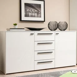 Credenza Bianco Nero 2 Ripiani 4 Cassetti 163x40x80.5h cm, 2 Ante - Maropati