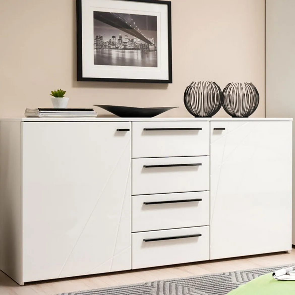 Credenza Bianco Nero 2 Ripiani 4 Cassetti 163x40x80.5h cm, 2 Ante - Maropati