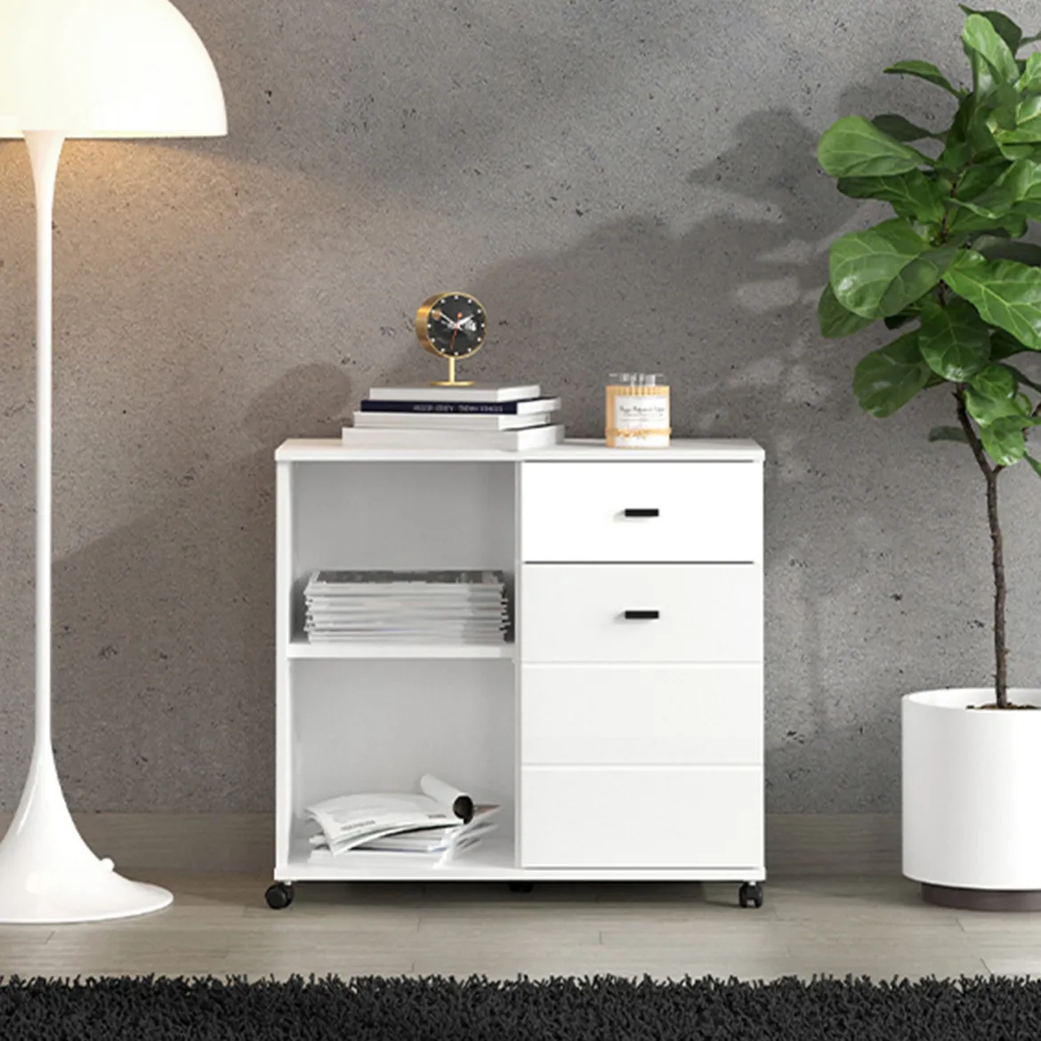 Credenza Bianco Nero 2 Ripiani un Cassetto 77x35x78h cm, 2 Ante - Pisac
