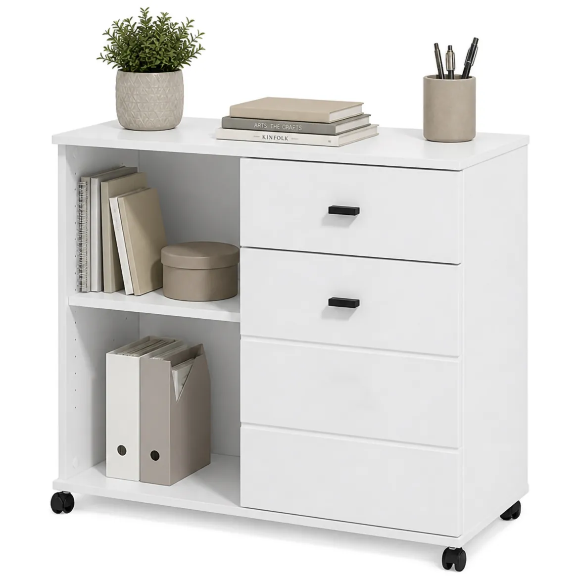 Credenza Bianco Nero 2 Ripiani un Cassetto 77x35x78h cm, 2 Ante - Pisac