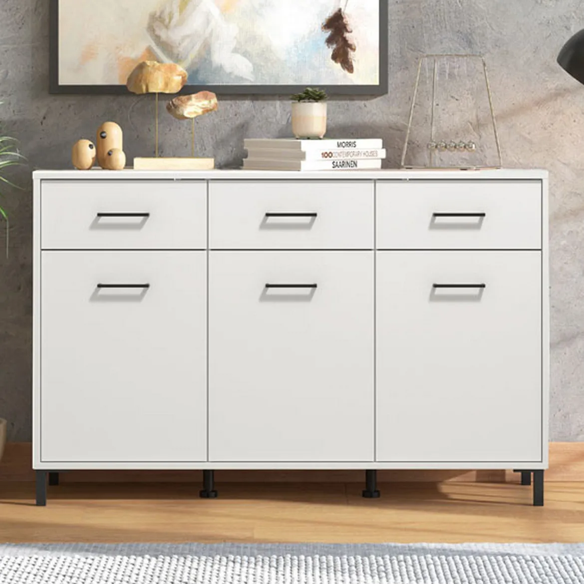 Credenza Bianco Nero 3 Ripiani un Cassetto 116x35x78h cm, 3 Ante - Uyuni